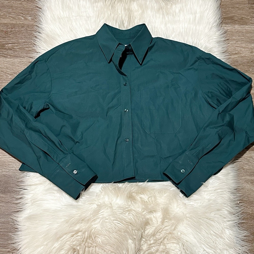 TWP Womens Button Down Shirt Crop Length Long Sleeve Size XS/S Hunter Green